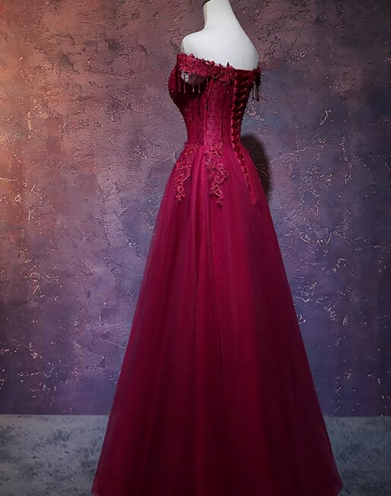 Prom Aesthetic, Wine Red Tulle Sweetheart Long Prom Dress, A-line Party Dress