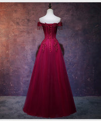 Design Dress Casual, Wine Red Tulle Sweetheart Long Prom Dress, A-line Party Dress