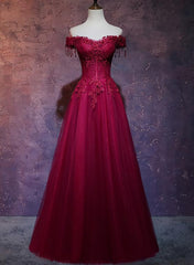 Chic Dress Classy, Wine Red Tulle Sweetheart Long Prom Dress, A-line Party Dress