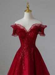 Party Dress Australia, Wine Red Tulle with Sequins and Lace Party Dress, Wine Red A-line Prom Dress