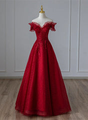 Party Dress Australian, Wine Red Tulle with Sequins and Lace Party Dress, Wine Red A-line Prom Dress