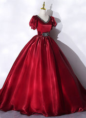 Rustic Wedding Dress, Wine Red V-neckline Beaded Ball Gown Prom Dress, Wine Red Sweet 16 Dress