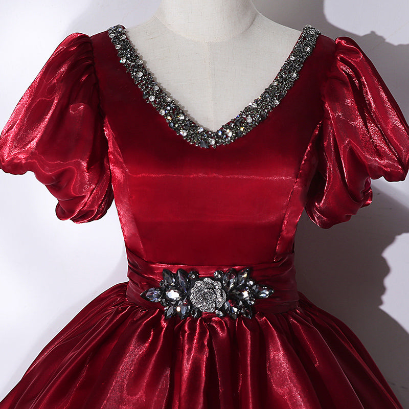 Summer Wedding Color, Wine Red V-neckline Beaded Ball Gown Prom Dress, Wine Red Sweet 16 Dress