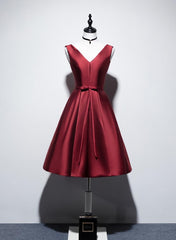 Bridesmaid Dress Burgundy, Wine Red V-neckline Satin Lace-up Homecoming Dress, Short Prom Dress