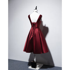 Bridesmaid Dress Short, Wine Red V-neckline Satin Lace-up Homecoming Dress, Short Prom Dress