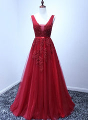 Bridesmaid Dresses Navy Blue, Wine Red V-neckline Tulle Long Prom Dress, Dark Red Floor Length Party Dress, Bridesmaid Dress