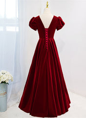 Wedding Dresses Inspired, Wine Red V-neckline Velvet Prom Dress Party Dress, A-line Wedding Party Dress