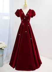 Wedding Dresses Romantic, Wine Red V-neckline Velvet Prom Dress Party Dress, A-line Wedding Party Dress