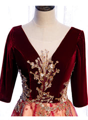 Party Dresses Black, Wine Red Velvet 1/2 Sleeves Long Party Dress with Lace, A-line Junior Prom Dress