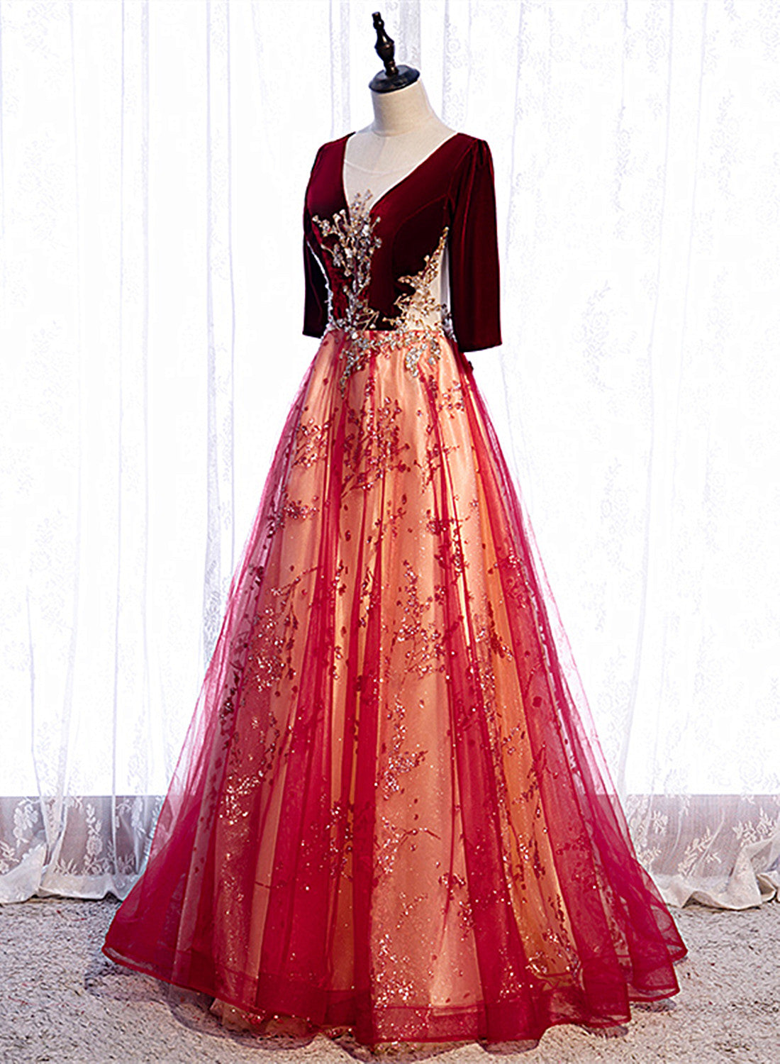 Party Dress Size 14, Wine Red Velvet 1/2 Sleeves Long Party Dress with Lace, A-line Junior Prom Dress