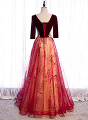 Party Dress Size 18, Wine Red Velvet 1/2 Sleeves Long Party Dress with Lace, A-line Junior Prom Dress