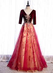Party Dress Aesthetic, Wine Red Velvet 1/2 Sleeves Long Party Dress with Lace, A-line Junior Prom Dress