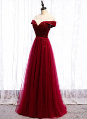 Elegant Dress Classy, Wine Red Velvet and Tulle Long Prom Dress, A-line Wine Red Floor Length Prom Dress