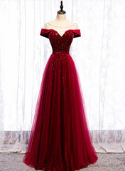 Party Dresses And Jumpsuits, Wine Red Velvet and Tulle Long Prom Dress, A-line Wine Red Floor Length Prom Dress