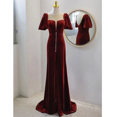 Graduation Outfit, Wine Red Velvet Long Round Neckline Party Dress, Wine Red Prom Dresses