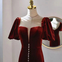 Gown Dress Elegant, Wine Red Velvet Long Round Neckline Party Dress, Wine Red Prom Dresses