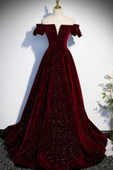 Casual Dress, Wine Red Velvet Off Shoulder Long Formal Evening Gown, Wine Red Prom Dresses
