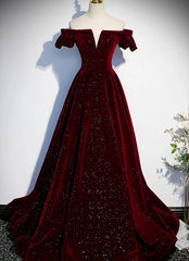 Party Dress Baby, Wine Red Velvet Off Shoulder Long Formal Evening Gown, Wine Red Prom Dresses