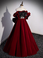 Prom Dress With Pocket, Wine Red Velvet Off Shoulder Party Dress, A-line Floor Length Prom Dress