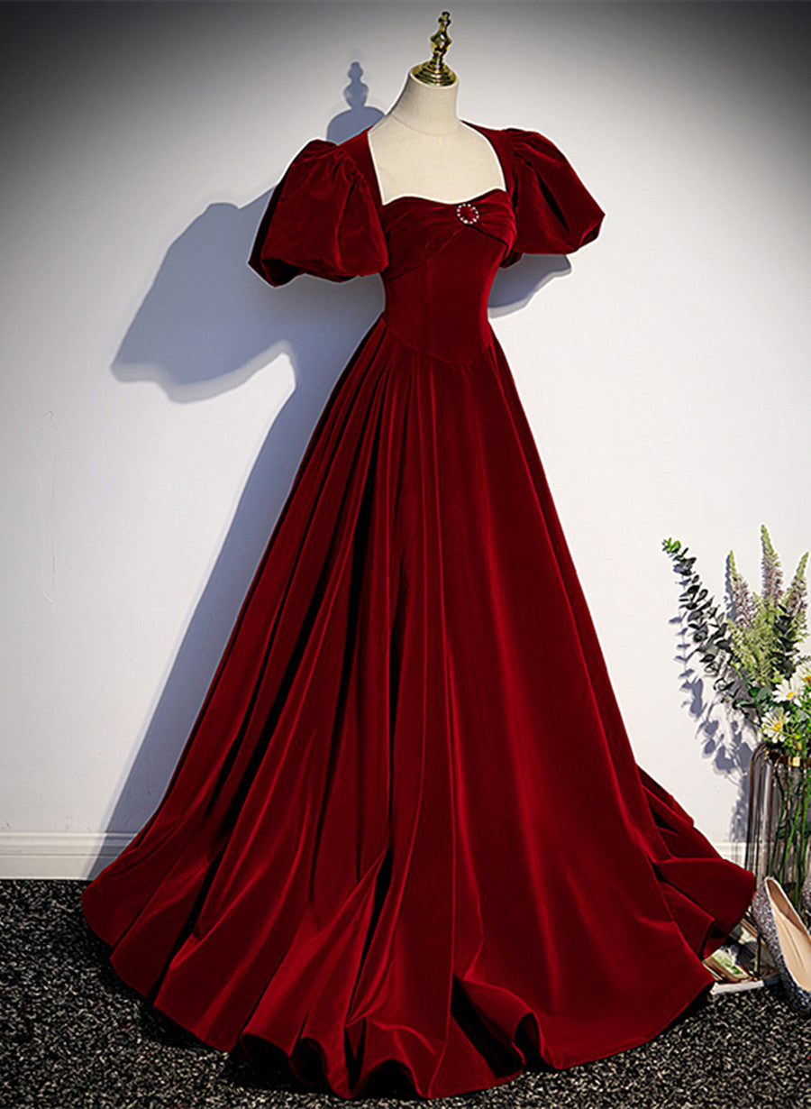Bridesmaid Dresses Styles Long, Wine Red Velvet Puffy Sleeves Long Party Dress, Wine Red Long Prom Dress