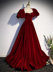 Bridesmaid Dresses Styles Long, Wine Red Velvet Puffy Sleeves Long Party Dress, Wine Red Long Prom Dress