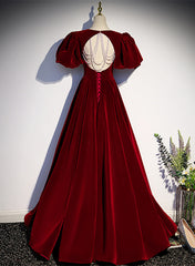 Bridesmaids Dress Styles Long, Wine Red Velvet Puffy Sleeves Long Party Dress, Wine Red Long Prom Dress
