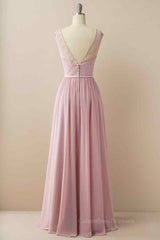 Bridesmaid Dress Wedding, Wisteria A-line Illusion Lace Cap Sleeves Chiffon Long Prom Dress
