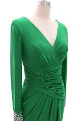 Formal Dresses For Large Ladies, Women Long Mother of Bride Dresses Green Grey Long Sleeve V Neck Evening Dress