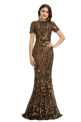 2047 Prom Dress, Short Sleeves Sequins A-Line Formal Evening Dress