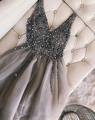 Long Dress Formal, Luxurious Sequins Beaded V Neck Tulle Short V Back Gray Prom Dress, Homecoming Dress