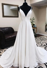 Formal Dress Outfit, White V-Neck Long Prom Dresses, A-Line Lace Evening Dresses