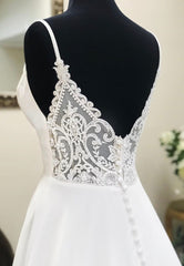 Formal Dressing Style, White V-Neck Long Prom Dresses, A-Line Lace Evening Dresses
