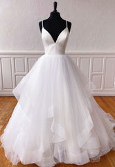 Engagement Dress, Plunging V-Neck Tulle Long Prom Dresses, White Evening Dresses