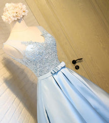 Formal Dress Stores, Sky Blue A Line V Neck Short Prom Dresses, Appliques Lace Homecoming Dresses