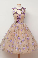 Formal Dress Gowns, Cute A Line Round Neck Short Tulle Open Back Purple Flowers Homecoming Dresses