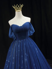 Prom Dress Princess, Beautiful Blue Tulle Floor Length Prom Dress, A-Line Off the Shoulder Princess Dress Evening Dress
