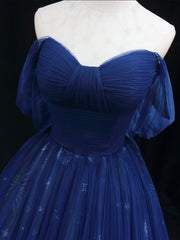 Prom Dress Princesses, Beautiful Blue Tulle Floor Length Prom Dress, A-Line Off the Shoulder Princess Dress Evening Dress