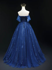 Prom Dresses Spring, Beautiful Blue Tulle Floor Length Prom Dress, A-Line Off the Shoulder Princess Dress Evening Dress