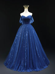 Prom Dresse Princess, Beautiful Blue Tulle Floor Length Prom Dress, A-Line Off the Shoulder Princess Dress Evening Dress