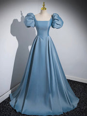 Evening Dresses For Over 54S, Blue Puff Sleeve Satin Floor Length Prom Dress, Blue A-Line Evening Party Dress