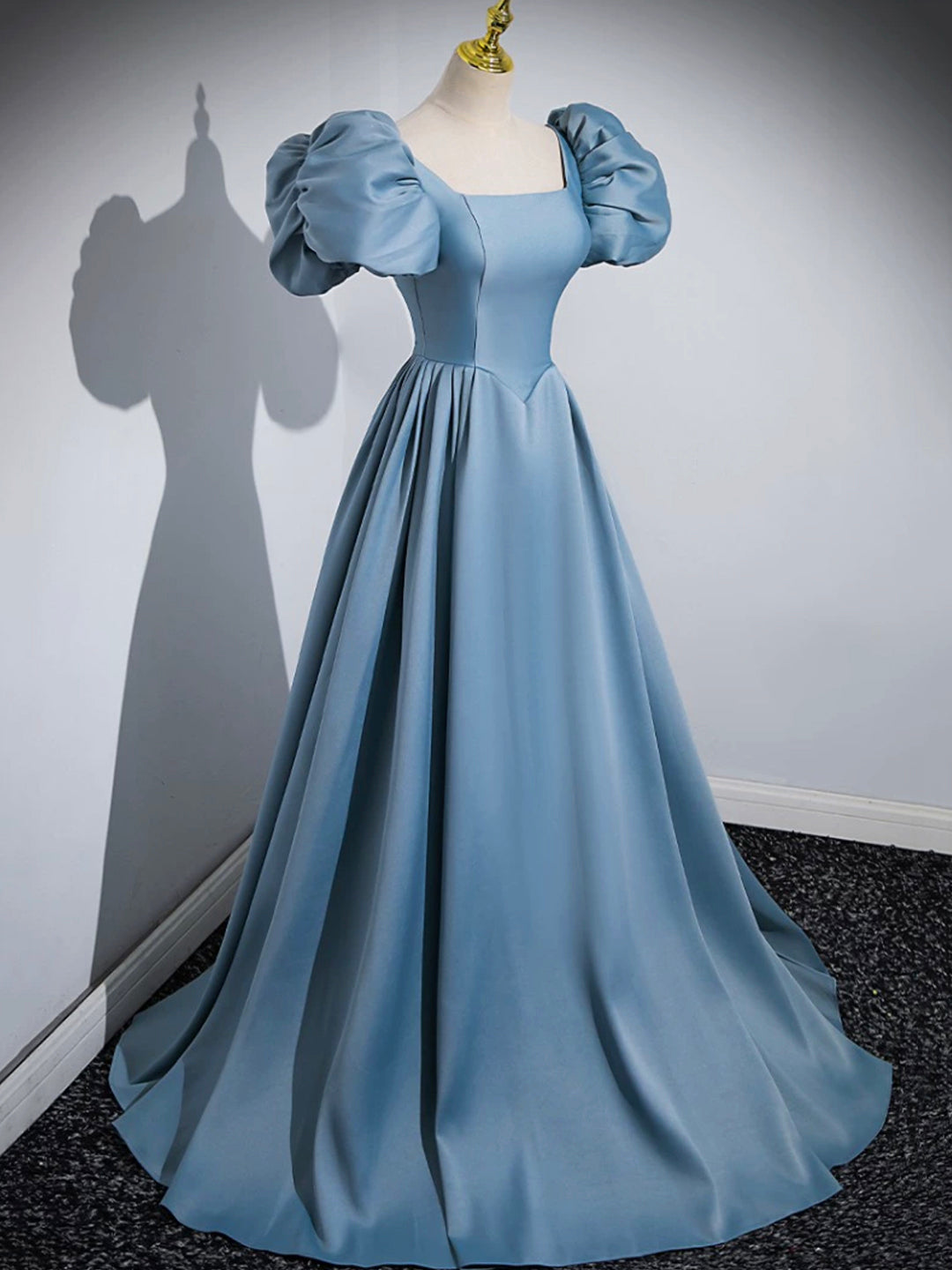 Evening Dress Knee Length, Blue Puff Sleeve Satin Floor Length Prom Dress, Blue A-Line Evening Party Dress