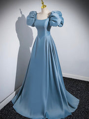 Evening Dresses Knee Length, Blue Puff Sleeve Satin Floor Length Prom Dress, Blue A-Line Evening Party Dress