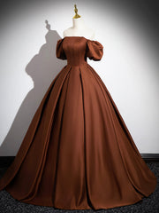 Mini Dress Formal, Brown Satin Floor Length Prom Dress , Off the Shoulder A-Line Evening Dress