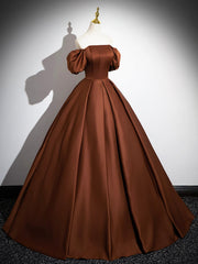 Silk Prom Dress, Brown Satin Floor Length Prom Dress , Off the Shoulder A-Line Evening Dress