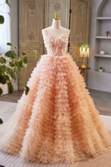 Prom Dresses Pink, Beautiful Tulle Layers Long Prom Dresses, A-Line Spaghetti Straps Evening Dresses