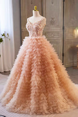 Prom Dresses Designer, Beautiful Tulle Layers Long Prom Dresses, A-Line Spaghetti Straps Evening Dresses