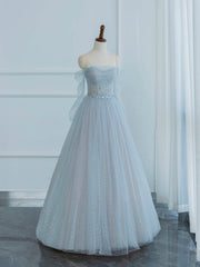 Bridesmaids Dress Designers, Dusty Blue Tulle Sequins Long Prom Dress, Off the Shoulder Long Sleeve Evening Party Dress