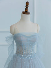 Bridesmaids Dress Designs, Dusty Blue Tulle Sequins Long Prom Dress, Off the Shoulder Long Sleeve Evening Party Dress