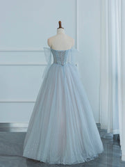 Bridesmaid Dresses Design, Dusty Blue Tulle Sequins Long Prom Dress, Off the Shoulder Long Sleeve Evening Party Dress