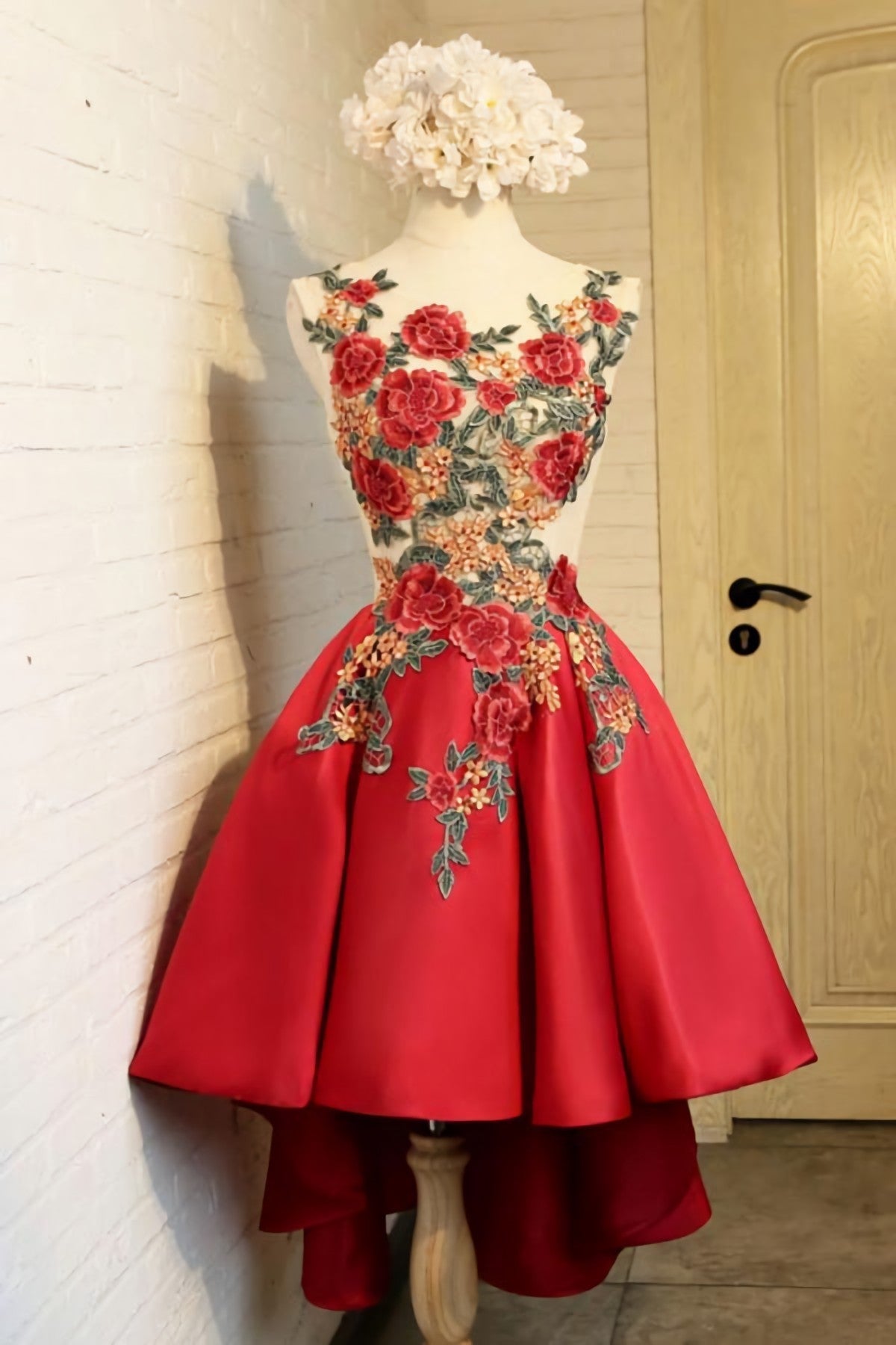 Formal Dresses For Sale, A Line Red Appliques Lace High Low Lace Up Satin Scoop Homecoming Dresses